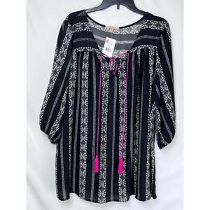 NWT Gibson & Latimer Womens Size 3X Black/White Striped 3/4 Sleeve Top Boho Chic